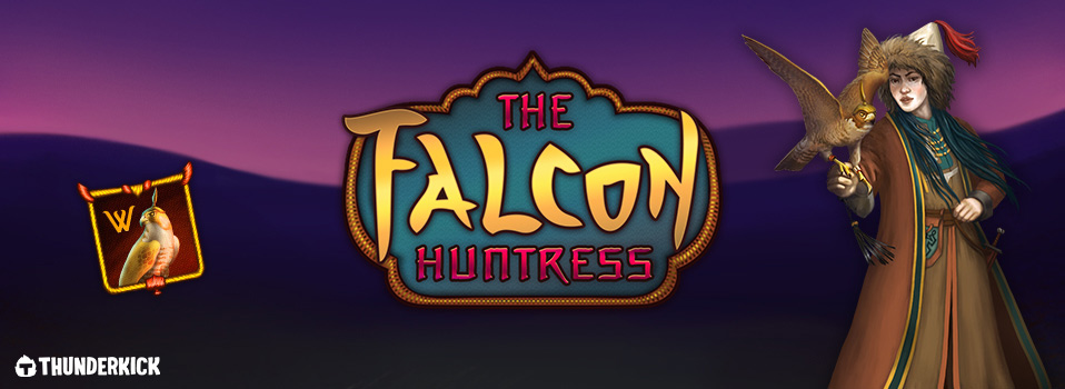 The Falcon Huntress Slot Logo von Thunderkick neben einer Frau mit Falken